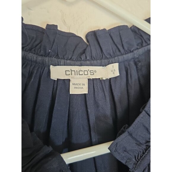 Chico's Size 1 Medium Blue Tiered Flutter Sleeve Midi-Length Ruffle V-Neck - Picture 5 of 7